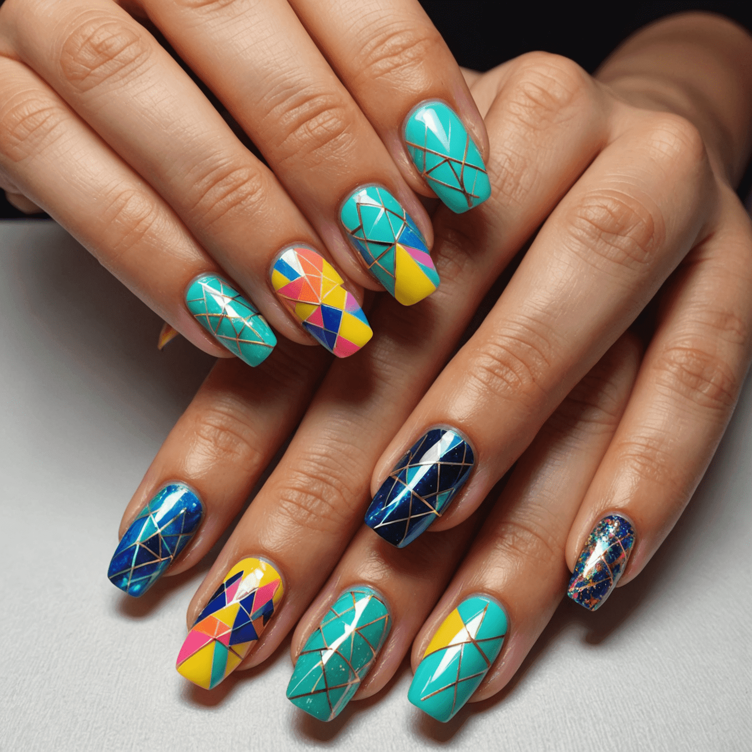 A collage of vibrant and trendy nail art designs, featuring geometric patterns, holographic effects, and neon colors on various nail shapes