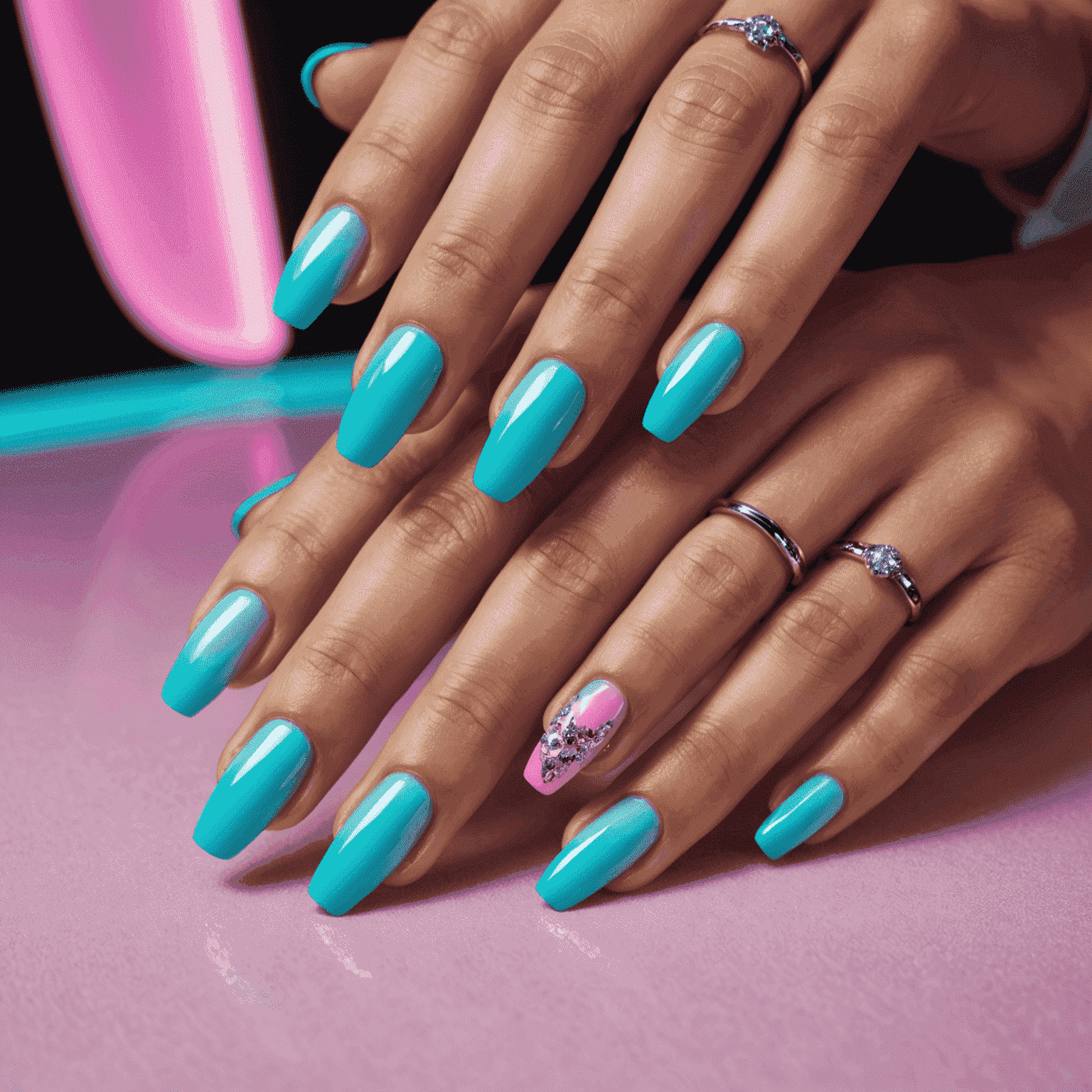 Split image showing a hand with silk wrap nails on one side and traditional manicure on the other, set against a futuristic, neon-lit nail salon background