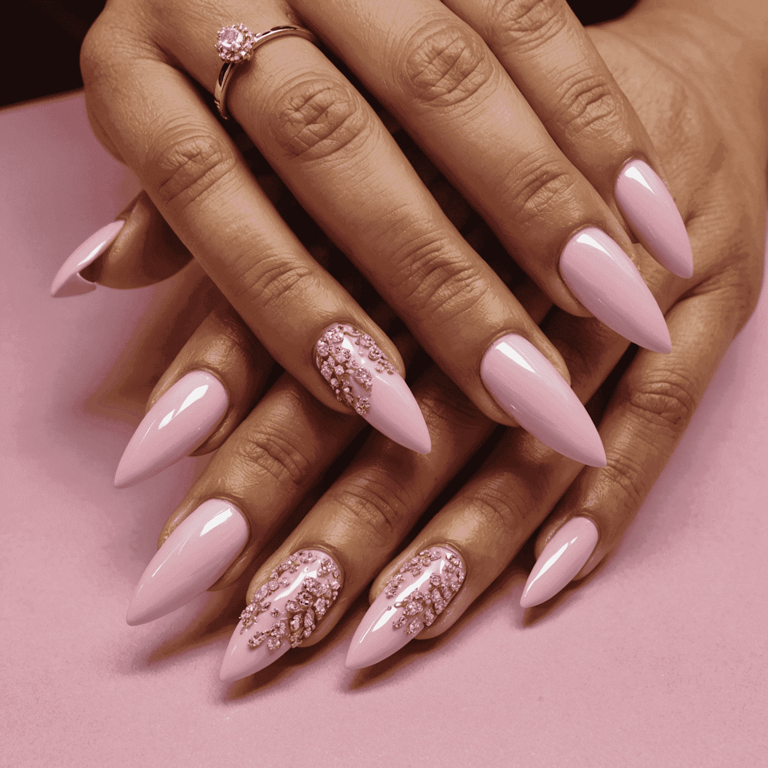Close-up of a celebrity's hand with intricate nail art featuring metallic accents and tiny crystals on a glossy pink base