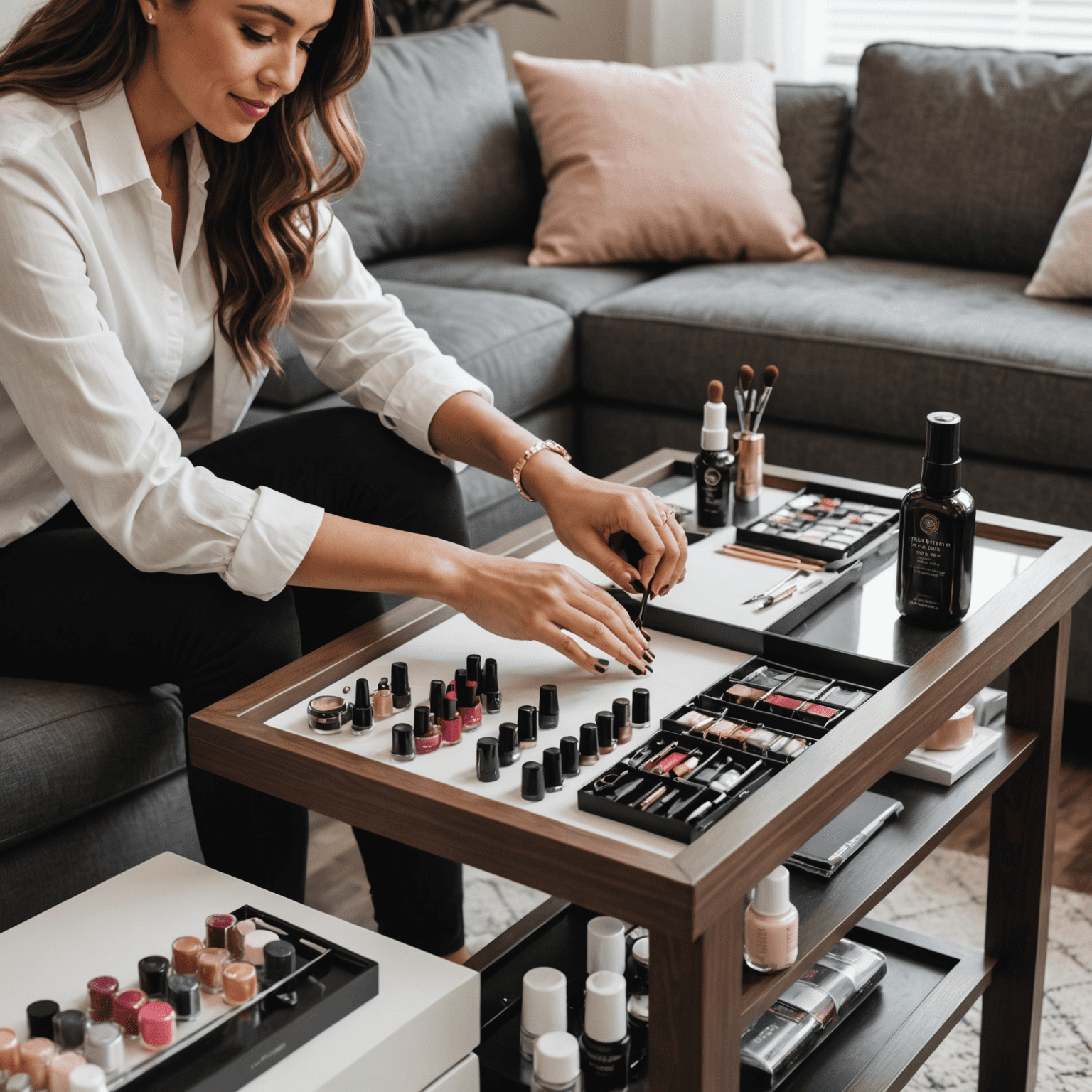 A nail technician performing a manicure in a client's living room, with a professional nail care kit and various nail polish colors spread on a stylish coffee table
