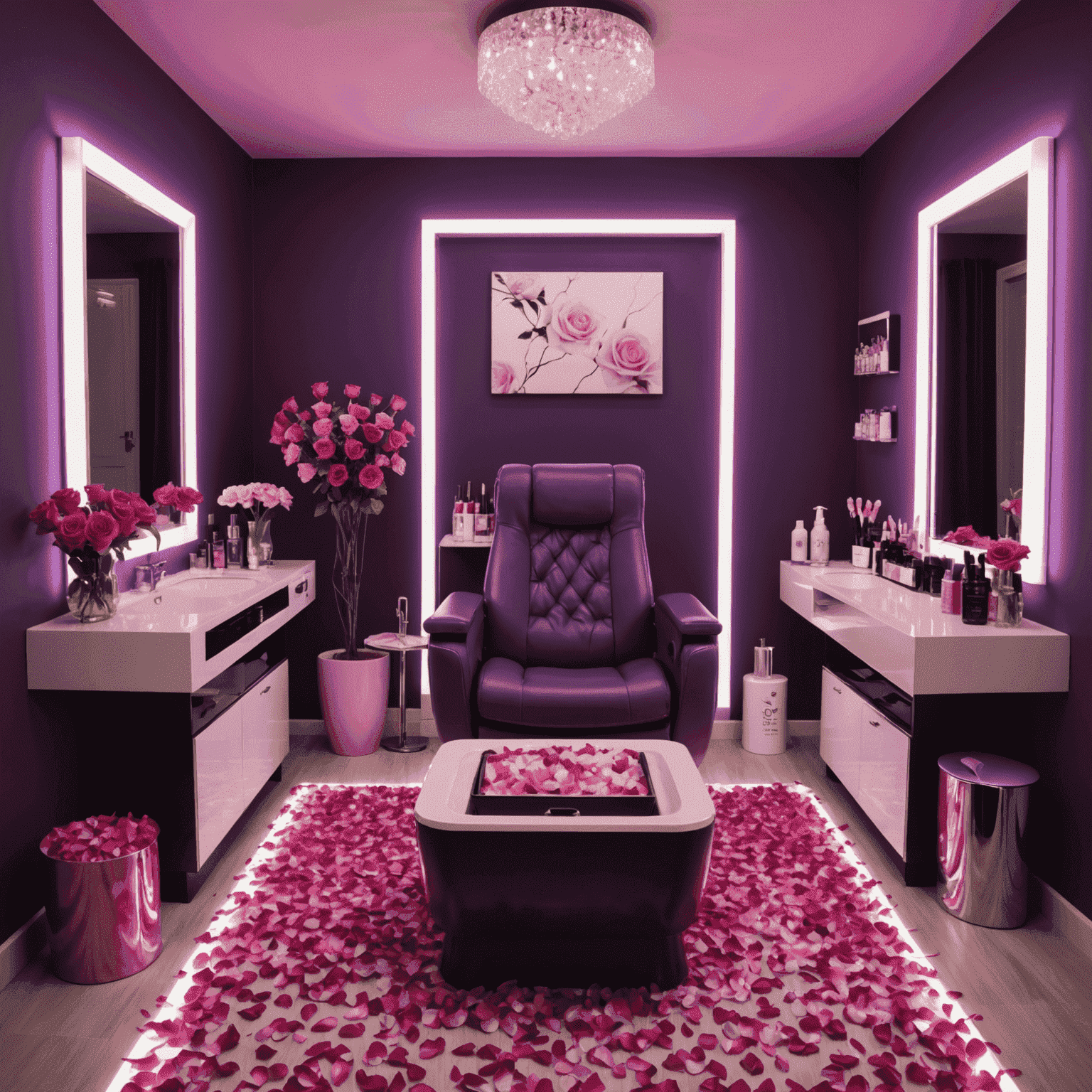 A luxurious pedicure setup with neon pink and purple lighting, featuring a comfortable chair, a foot bath with rose petals, and an array of high-end nail care products