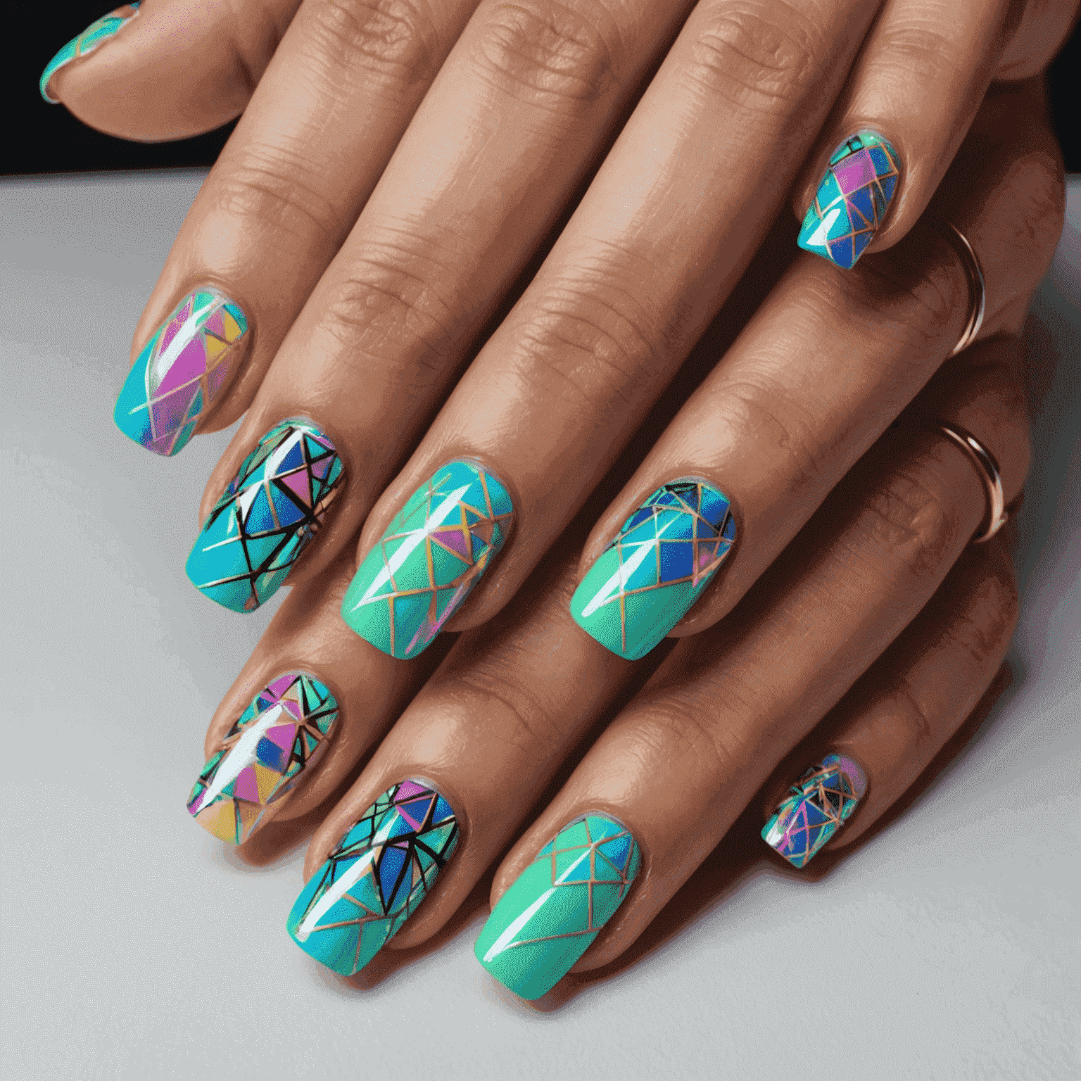 Close-up of hands with elaborate nail art featuring neon colors, geometric patterns, and holographic elements