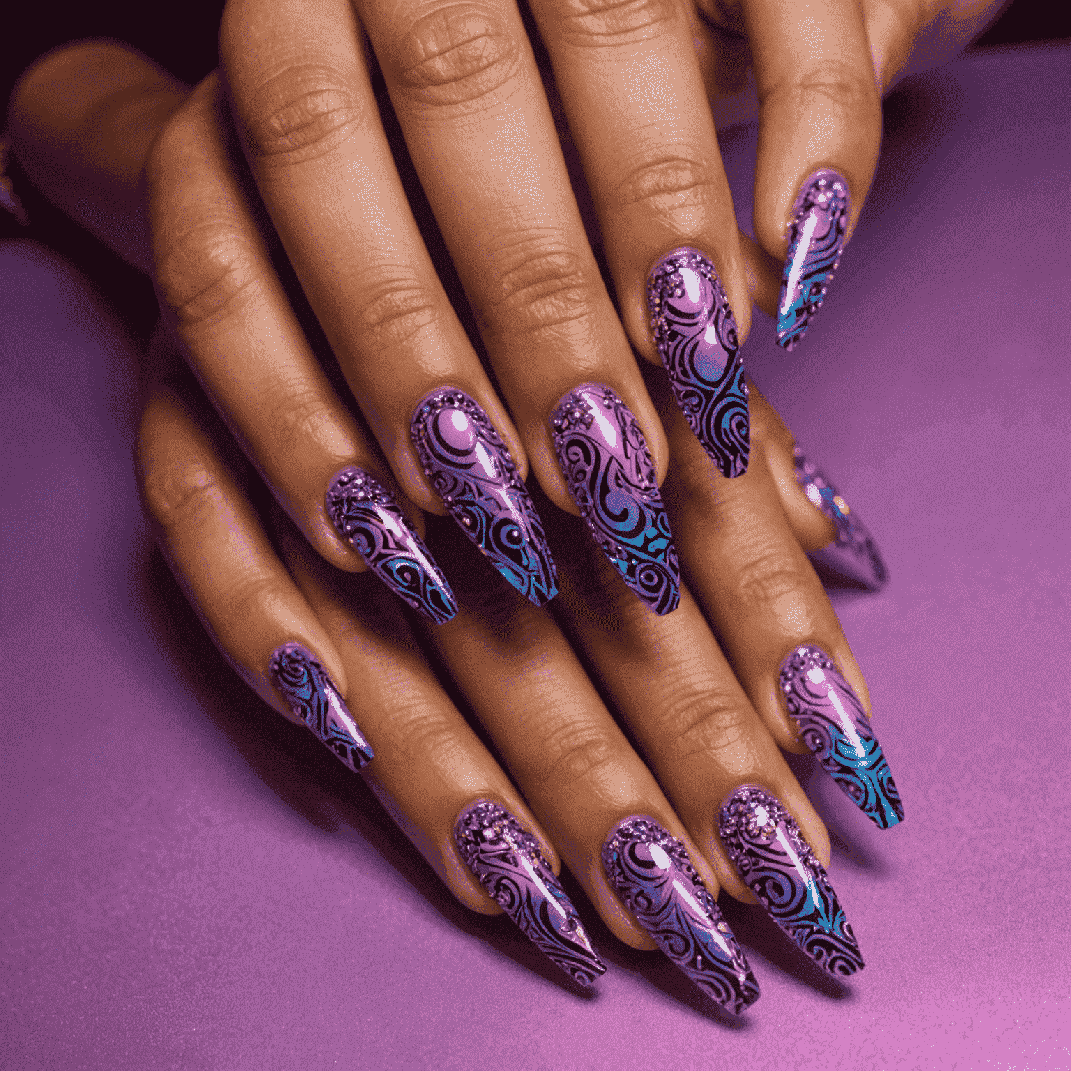 A set of hands with long, perfectly shaped acrylic nails in various neon colors. The nails feature intricate designs including abstract patterns, holographic effects, and tiny embedded crystals. The background is a futuristic salon setting with glossy surfaces and pink-to-purple gradient lighting.