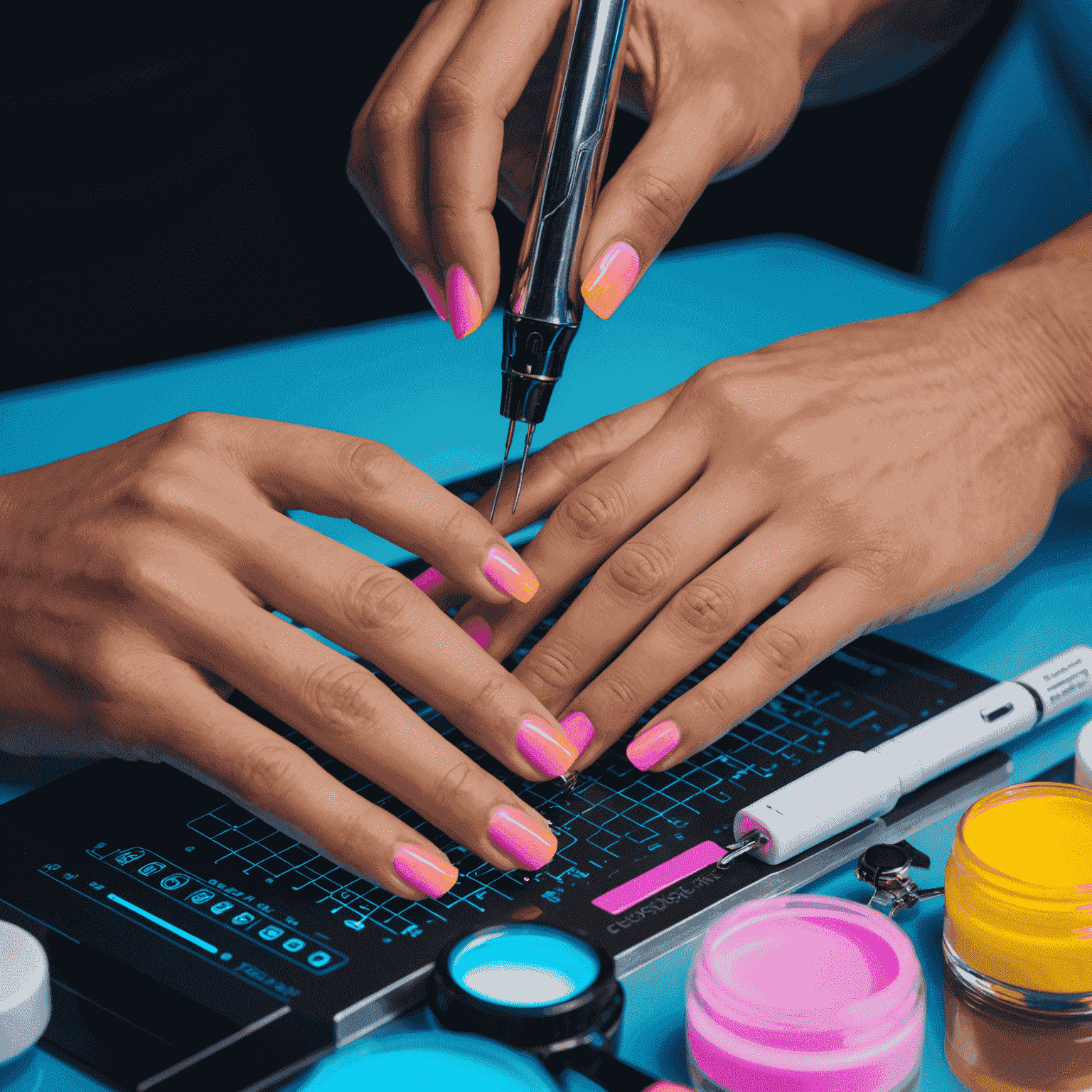 Close-up of hands receiving a nail strengthening treatment, with futuristic-looking tools and neon-colored products being applied