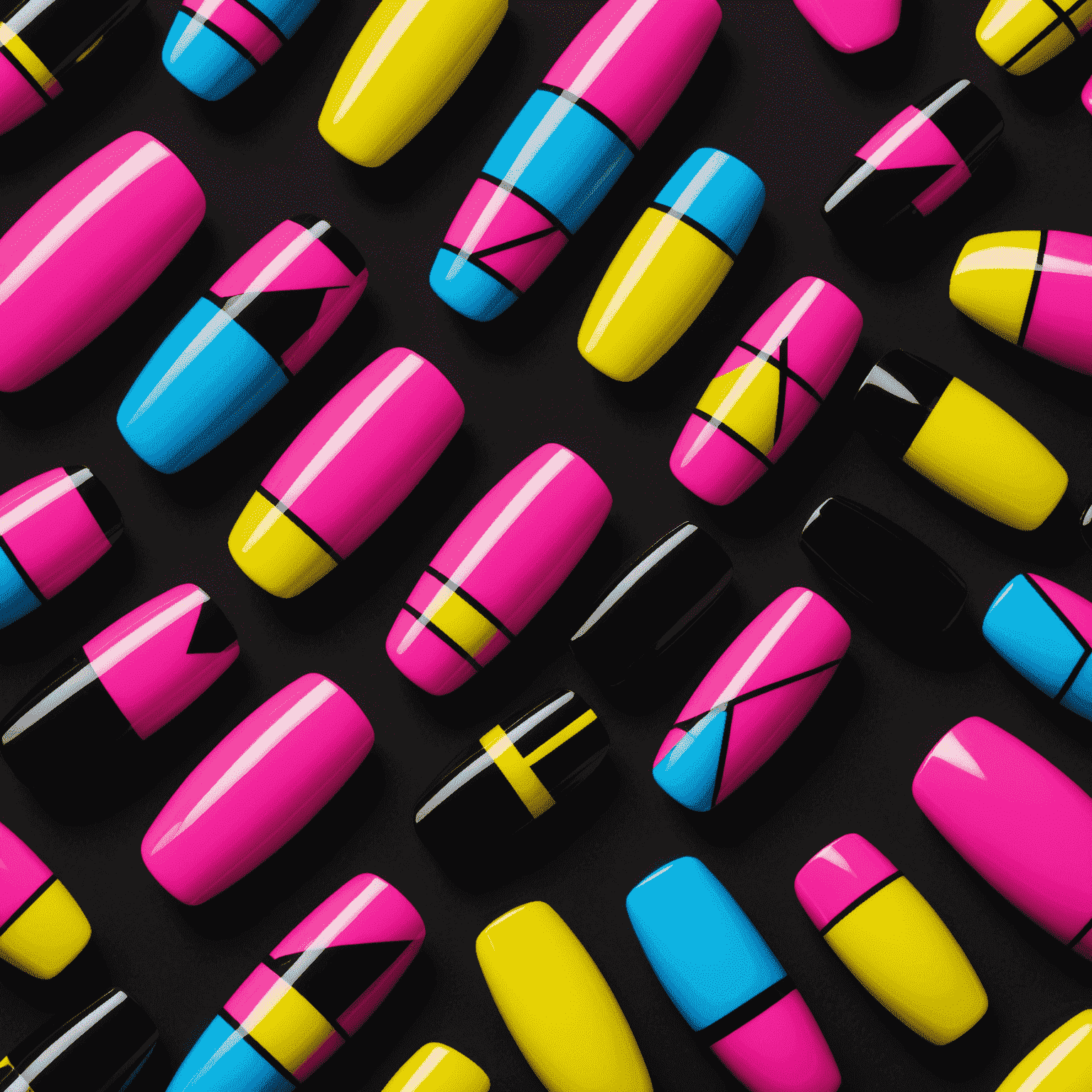 Close-up of nails with neon pink, yellow, and blue geometric shapes on a glossy black background