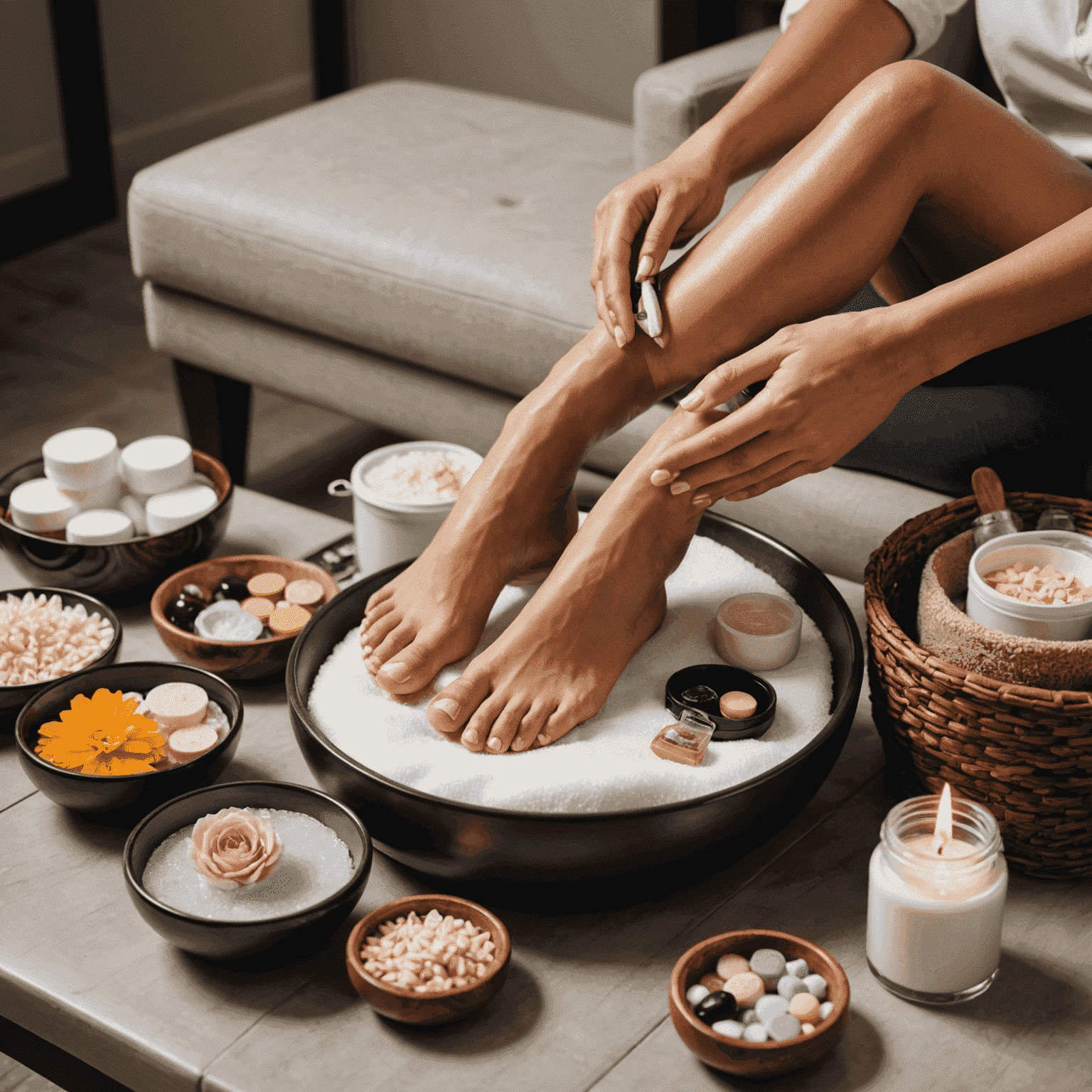 A client relaxing on their couch while receiving a luxurious pedicure, with a foot spa and an array of nail care products visible