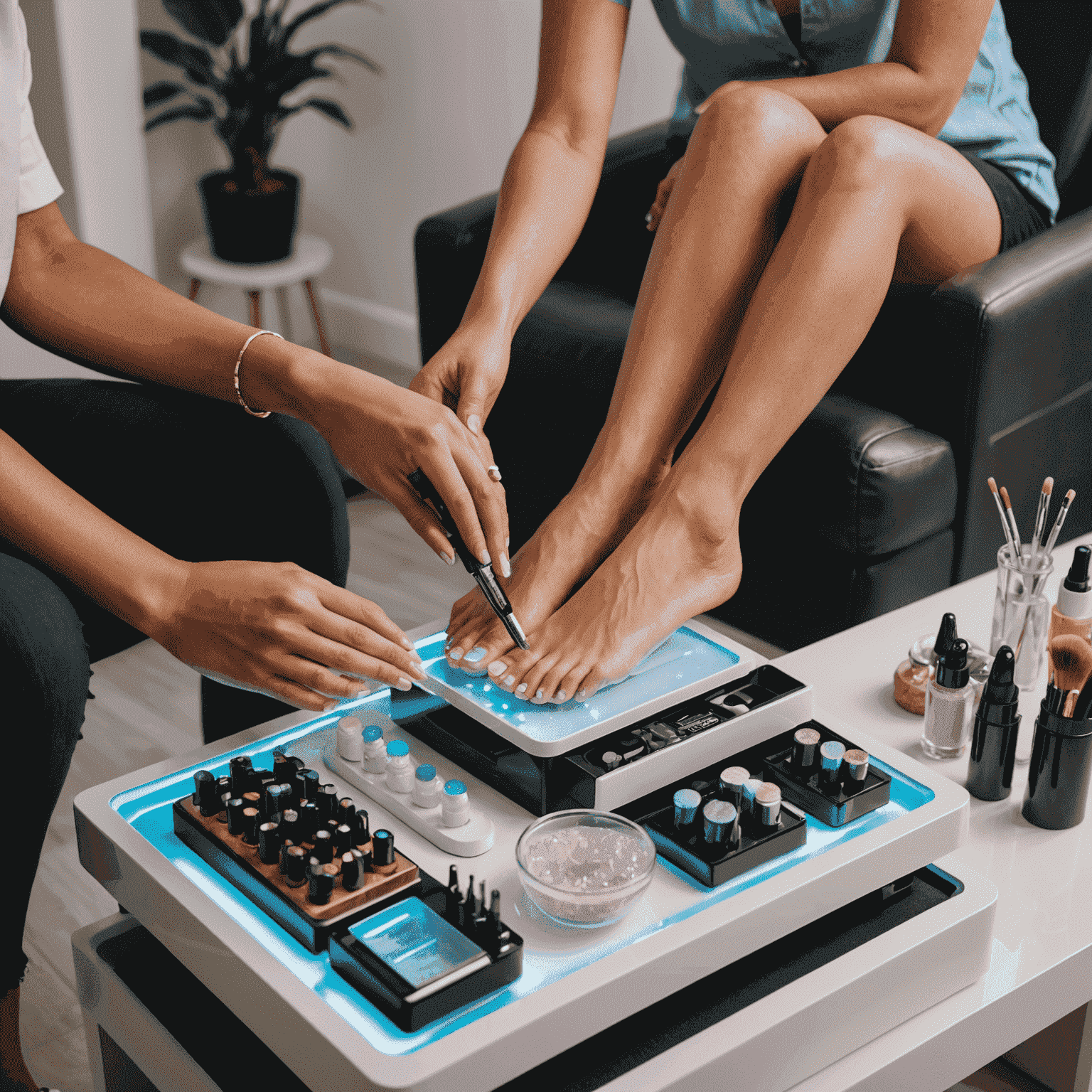 A nail technician performing a pedicure in a client's home, with futuristic nail tools and a holographic nail color selection display