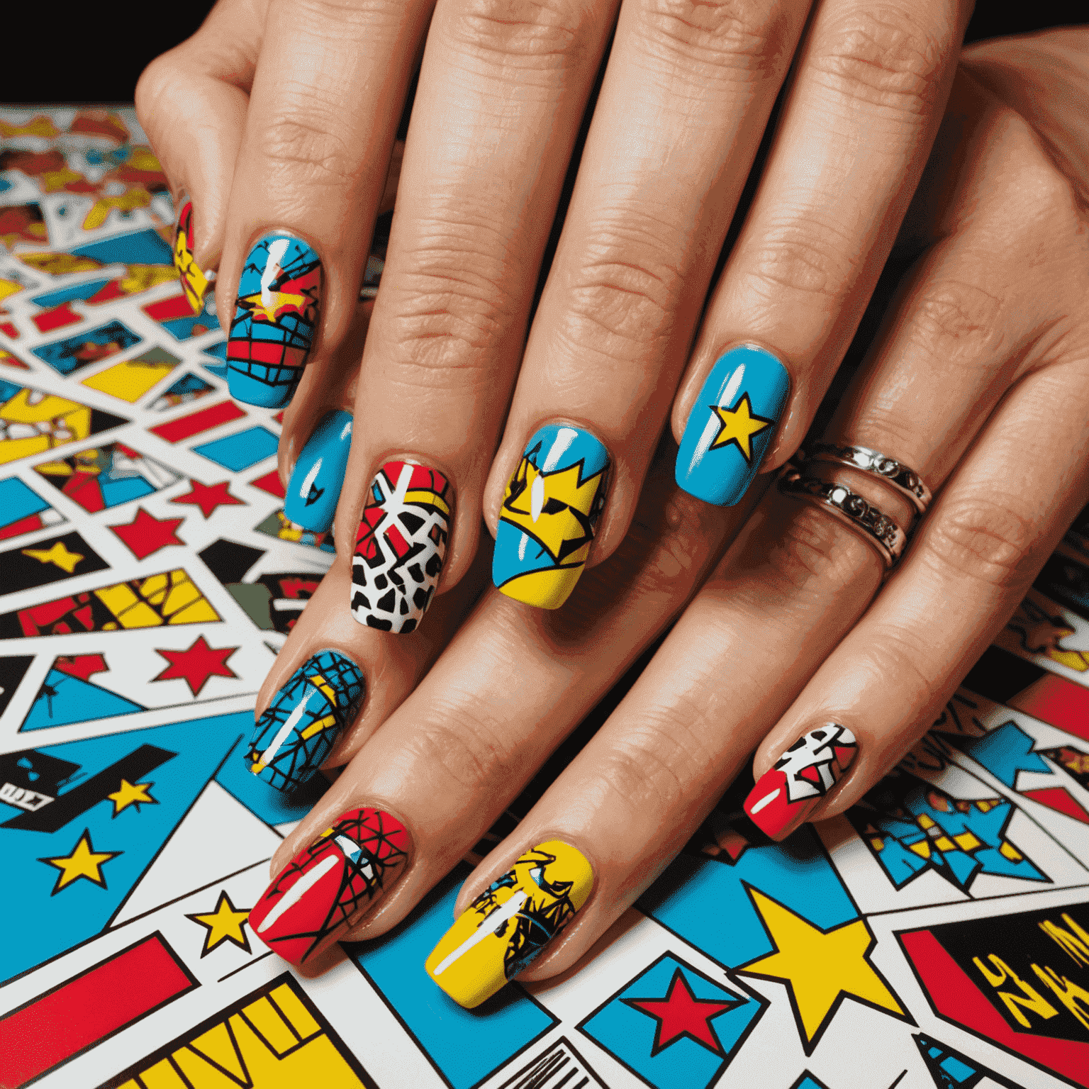 Hands displaying various pop art inspired nail designs with bright colors and comic book style patterns