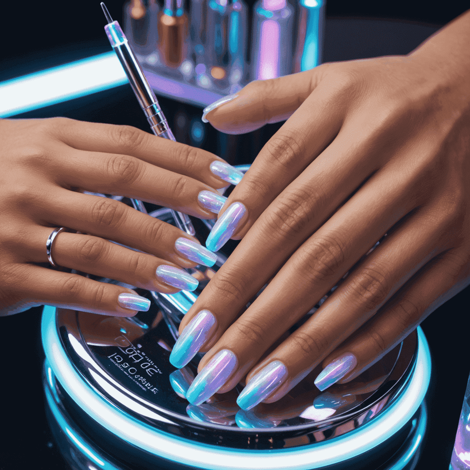 Detailed view of cuticle care process, showcasing holographic nail products and a futuristic cuticle pusher with LED lights