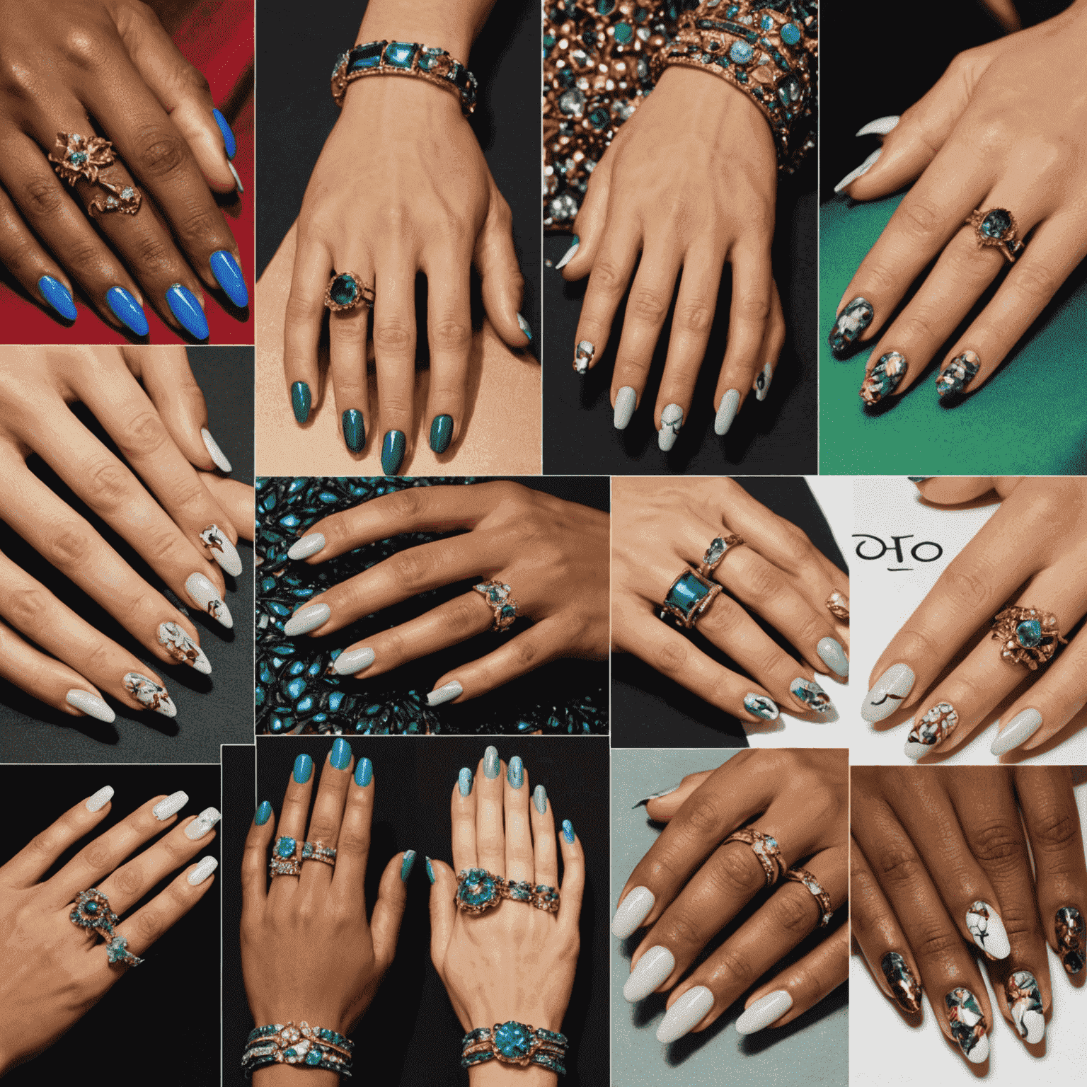 Collage of celebrity hands showcasing various trendy nail designs achievable with silk wraps, including bold colors, intricate patterns, and glamorous embellishments