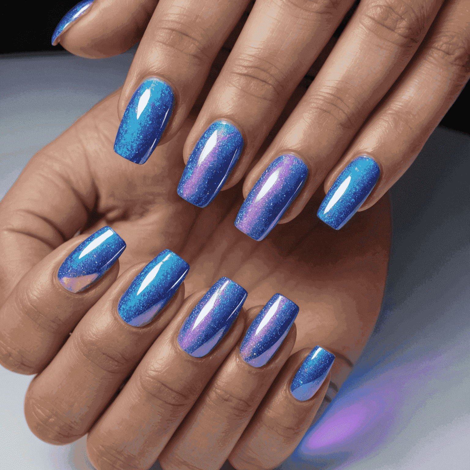 Nails showcasing a mesmerizing holographic effect that shifts colors from pink to purple to blue