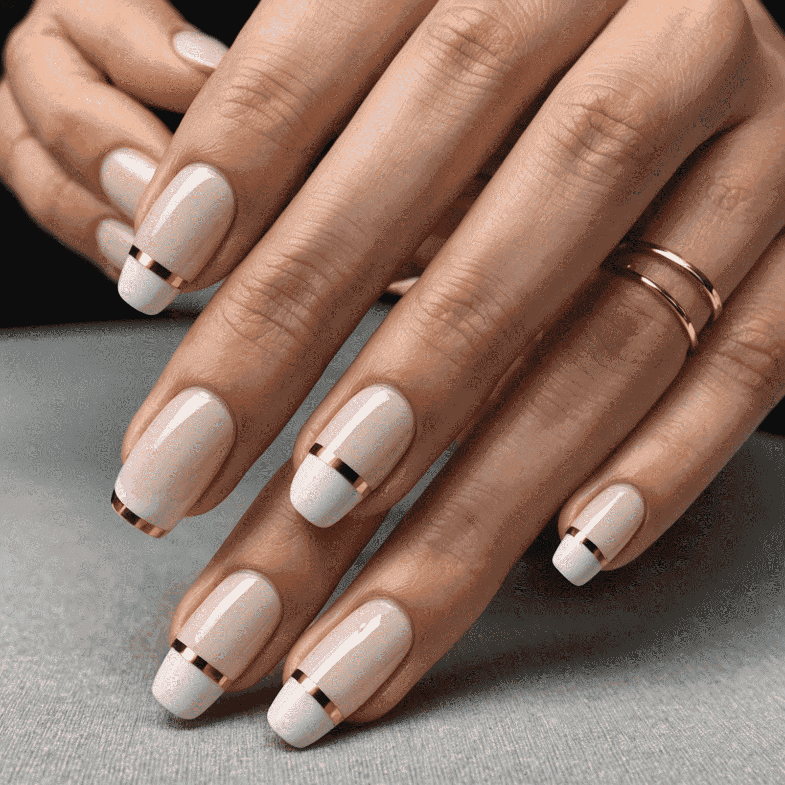 Elegant minimalist nails with a single gold stripe, mimicking a Hollywood actress's recent red carpet appearance
