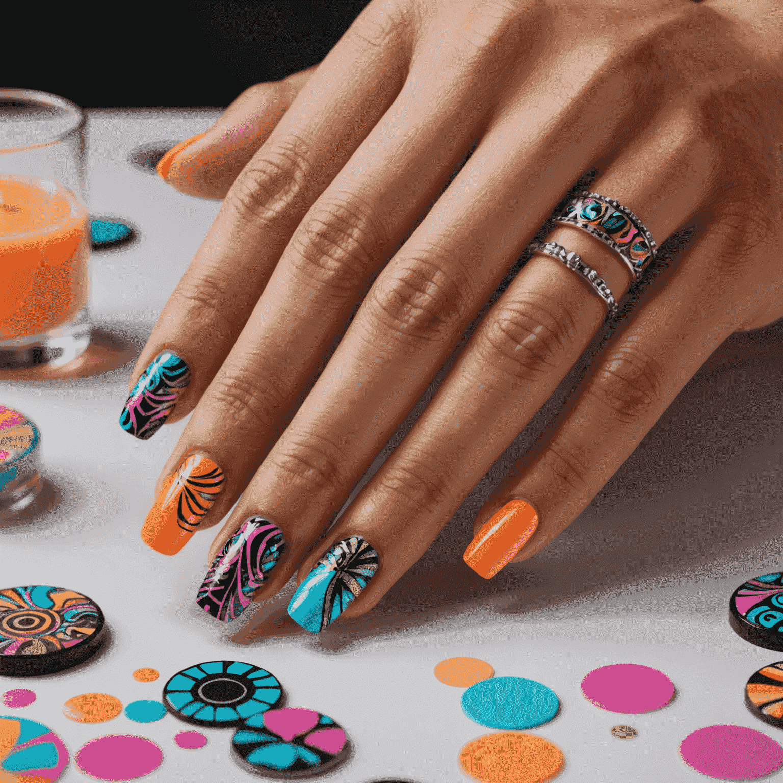 Close-up of hands with elaborate nail art designs featuring neon colors, abstract patterns, and 3D elements, being done in a home setting