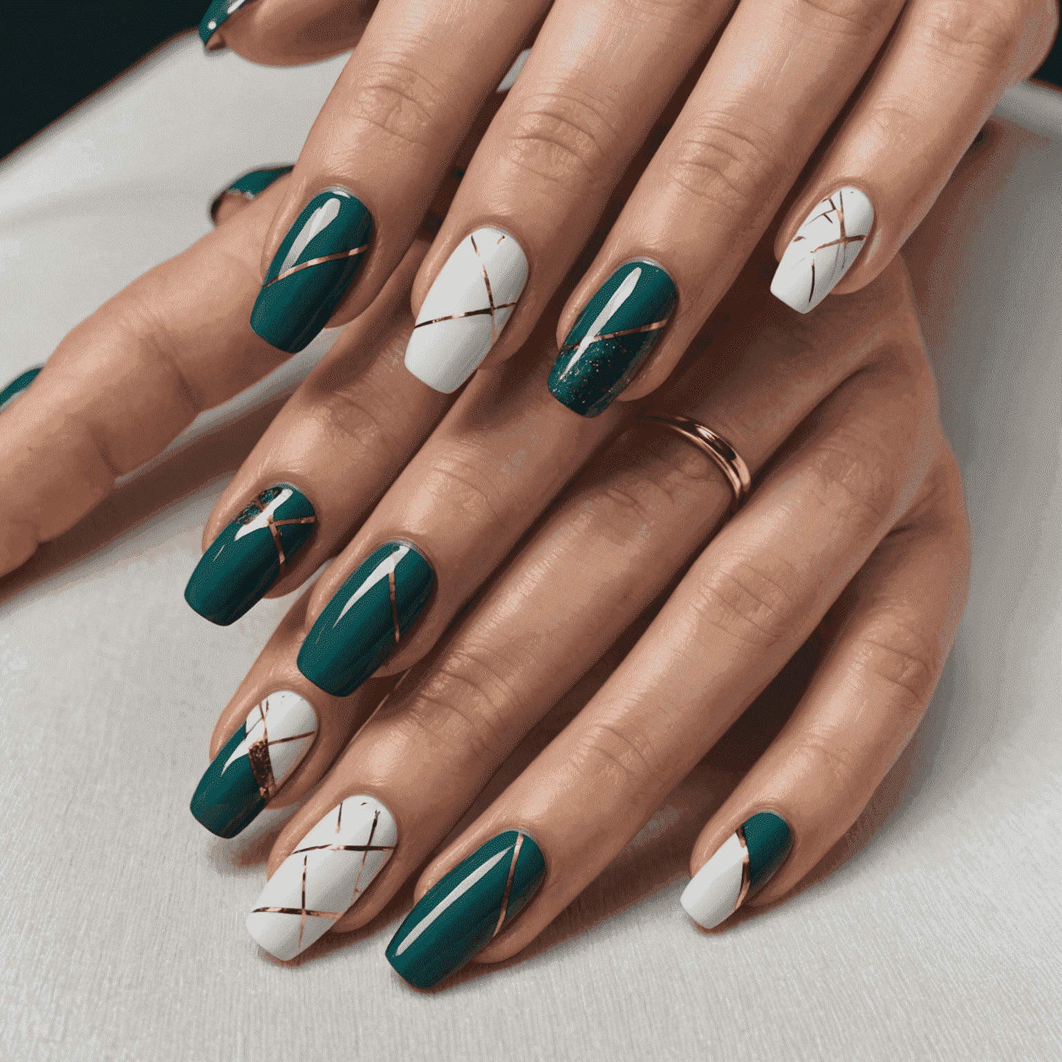 Close-up of nails with abstract, minimalist designs featuring glossy finishes and metallic accents