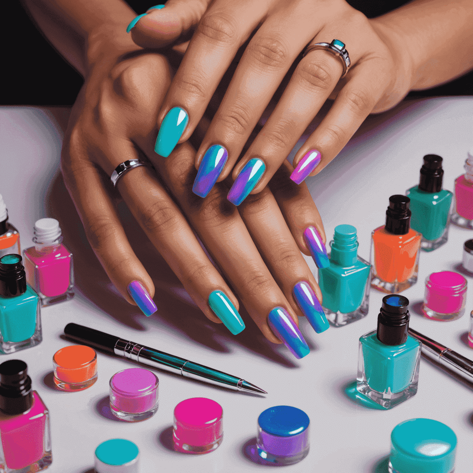 A set of hands with glossy, healthy-looking nails in various neon colors, surrounded by futuristic nail care tools and holographic nail polish bottles