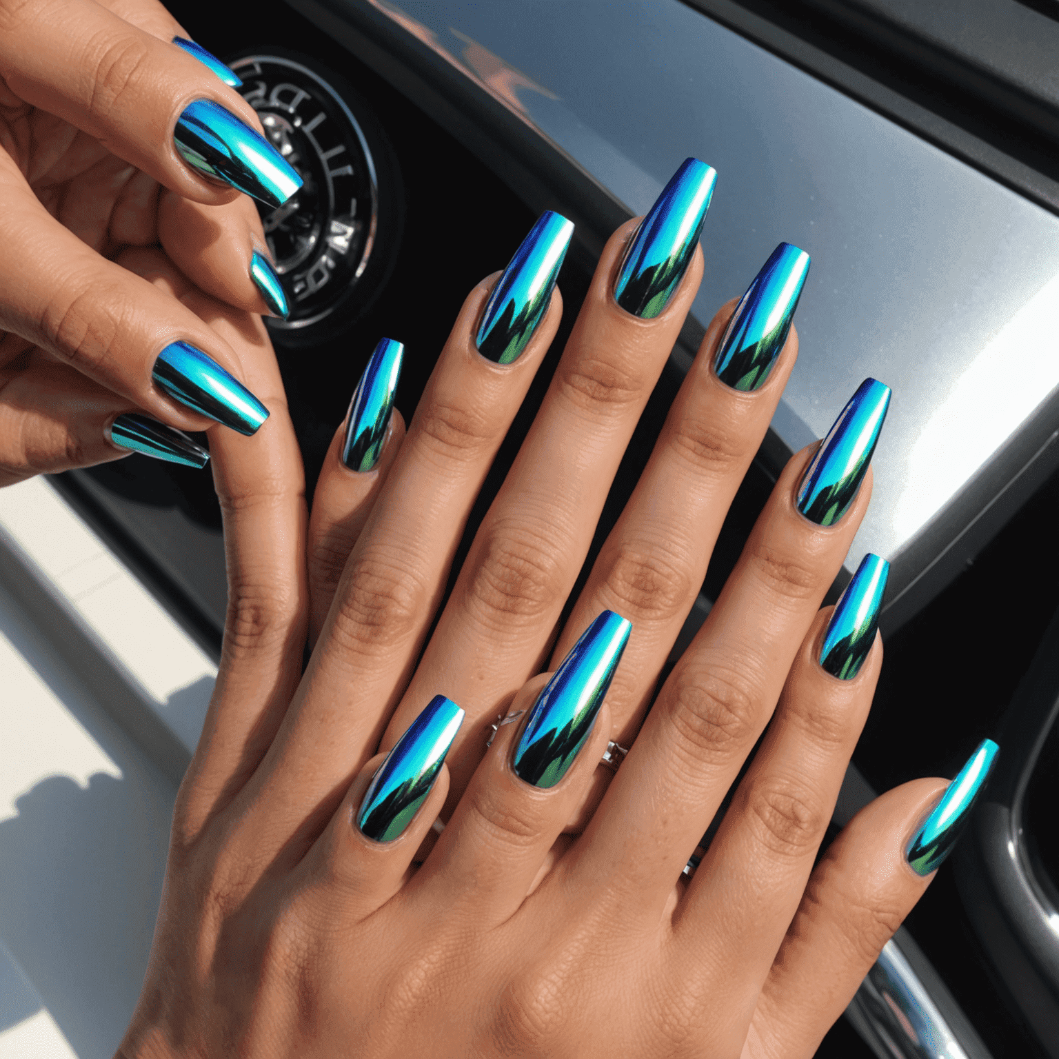 Futuristic chrome nails with holographic effects, as seen on a sci-fi movie premiere