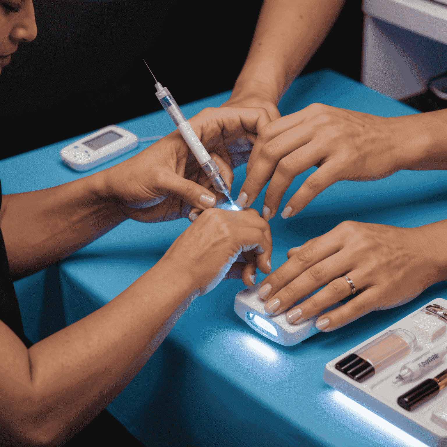 A nail technician applying gel extensions to a client's nails in a home environment, with UV lamp and various nail extension products visible
