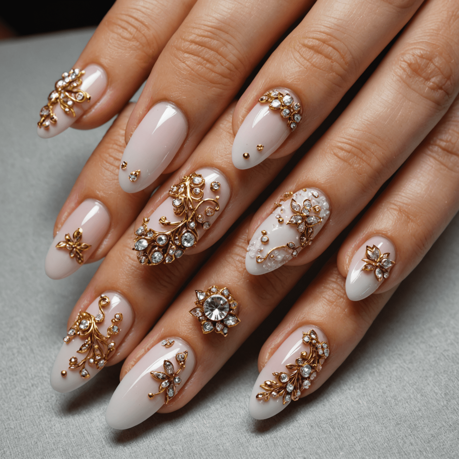 Hands showing off 3D nail art with raised elements, textures, and embedded jewels
