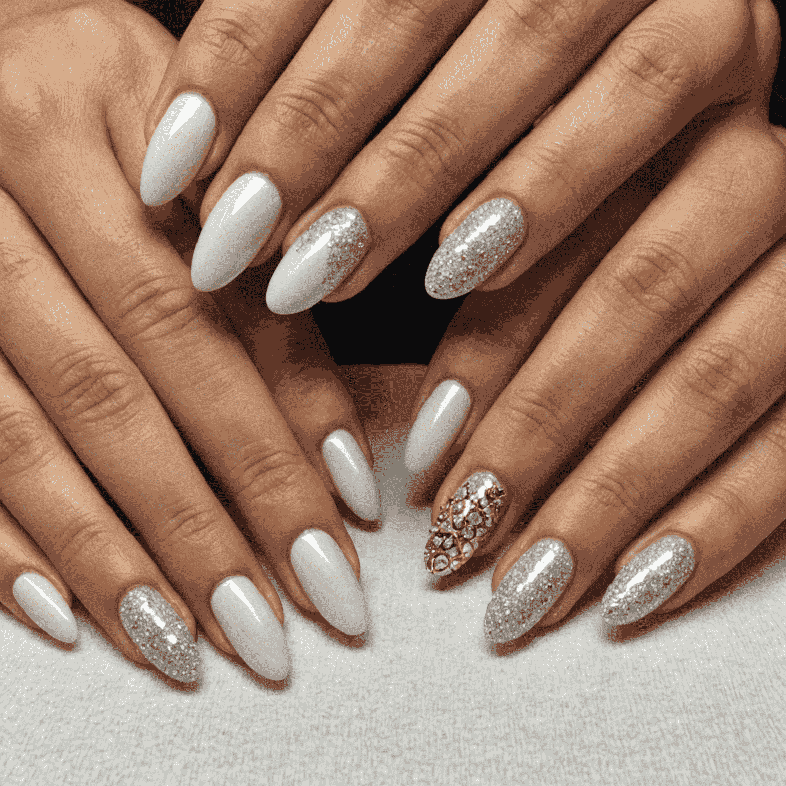 Before and after comparison of plain nails transformed into glamorous celebrity-inspired nail art using TopsterSilks wraps