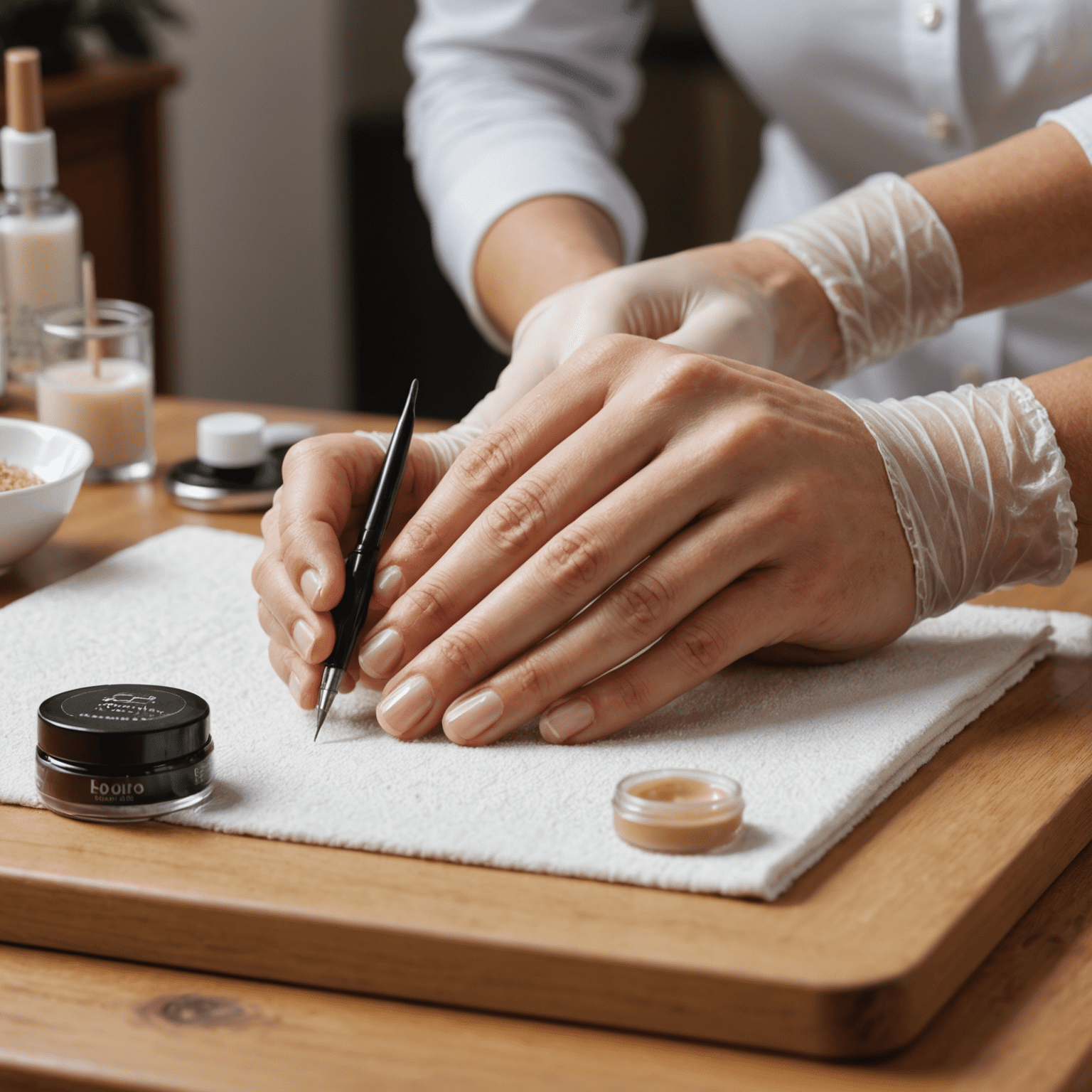 Close-up of hands receiving a specialized nail health treatment, with natural and organic nail care products, and a nail technician wearing gloves in a client's home